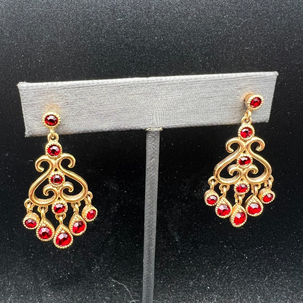 Vintage Rhinestone Earrings Chandelier Drop Gold Tone Red Crystal Filigree